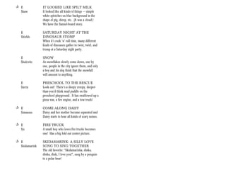 + E             IT LOOKED LIKE SPILT MILK
  Shaw          It looked like all kinds of things --- simple
                white splotches on blue background in the
                shape of pig, sheep, etc. (It was a cloud.)
                We have the flannel-board story.

   E            SATURDAY NIGHT AT THE
   Shields      DINOSAUR STOMP
                When it's rock 'n' roll time, many different
                kinds of dinosaurs gather to twist, twirl, and
                tromp at a Saturday night party.

   E            SNOW
   Shulevitz    As snowflakes slowly come down, one by
                one, people in the city ignore them, and only
                a boy and his dog think that the snowfall
                will amount to anything.

   E            PRESCHOOL TO THE RESCUE
   Sierra       Look out! There’s a sleepy creepy, deeper-
                than-you’d think mud puddle on the
                preschool playground. It has swallowed up a
                pizza van, a fire engine, and a tow truck!

+ E             COME ALONG DAISY
  Simmons       Daisy and her mother become separated and
                Daisy starts to hear all kinds of scary noises.

+ E             FIRE TRUCK
  Sis           A small boy who loves fire trucks becomes
                one! Has a big fold out center picture.

+ E             SKIDAMARINK: A SILLY LOVE
  Skidamarink   SONG TO SING TOGETHER
                The old favorite: “Skidamarinka, dinka,
                dinka, dink, I love you!”, sung by a penguin
                to a polar bear!
 