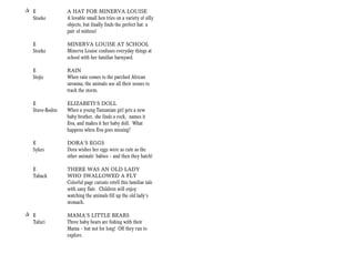 + E              A HAT FOR MINERVA LOUISE
  Stoeke         A lovable small hen tries on a variety of silly
                 objects, but finally finds the perfect hat: a
                 pair of mittens!

   E             MINERVA LOUISE AT SCHOOL
   Stoeke        Minerva Louise confuses everyday things at
                 school with her familiar barnyard.

   E             RAIN
   Stojic        When rain comes to the parched African
                 savanna, the animals use all their senses to
                 track the storm.

   E             ELIZABETI’S DOLL
   Stuve-Boden   When a young Tanzanian girl gets a new
                 baby brother, she finds a rock, names it
                 Eva, and makes it her baby doll. What
                 happens when Eva goes missing?

   E             DORA’S EGGS
   Sykes         Dora wishes her eggs were as cute as the
                 other animals’ babies — and then they hatch!

   E             THERE WAS AN OLD LADY
   Taback        WHO SWALLOWED A FLY
                 Colorful page cutouts retell this familiar tale
                 with zany flair. Children will enjoy
                 watching the animals fill up the old lady’s
                 stomach.

+ E              MAMA’S LITTLE BEARS
  Tafuri         Three baby bears are fishing with their
                 Mama — but not for long! Off they run to
                 explore.
 