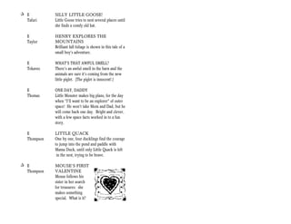 + E           SILLY LITTLE GOOSE!
  Tafuri      Little Goose tries to nest several places until
              she finds a comfy old hat.

   E          HENRY EXPLORES THE
   Taylor     MOUNTAINS
              Brilliant fall foliage is shown in this tale of a
              small boy’s adventure.

   E          WHAT’S THAT AWFUL SMELL?
   Tekavec    There’s an awful smell in the barn and the
              animals are sure it’s coming from the new
              little piglet. (The piglet is innocent!.)

   E          ONE DAY, DADDY
   Thomas     Little Monster makes big plans, for the day
              when “I’ll want to be an explorer” of outer
              space! He won’t take Mom and Dad, but he
              will come back one day. Bright and clever,
              with a few space facts worked in to a fun
              story.

   E          LITTLE QUACK
   Thompson   One by one, four ducklings find the courage
              to jump into the pond and paddle with
              Mama Duck, until only Little Quack is left
               in the nest, trying to be brave.

+ E           MOUSE’S FIRST
  Thompson    VALENTINE
              Mouse follows his
              sister in her search
              for treasures: she
              makes something
              special. What is it?
 