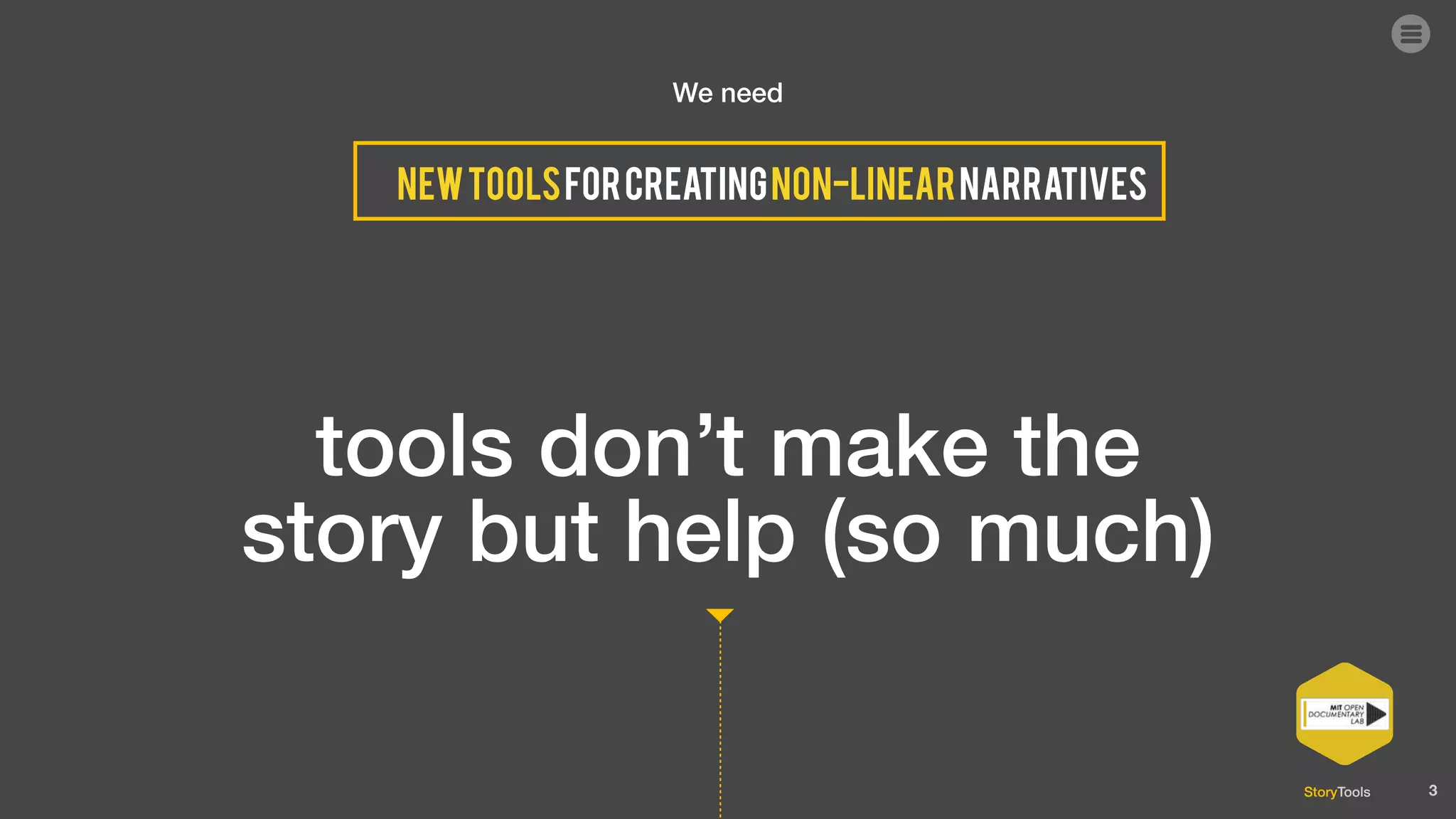 StoryTools
newtoolsforcreatingnon-linearnarratives
We need
tools don’t make the
story but help (so much)
3
 