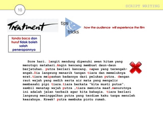 SCRIPT WRITING

10

tanda baca dan
huruf tidak boleh
salah
penerapannya

Sore hari. langit mendung dipenuhi awan hitam yang
menutupi matahari.Angin kencang membuat daun-daun
berjatuhan. putra berlari kencang. napas yang terengahengah.Dia langsung menarik tangan tiara dan memeluknya
erat.tiara melpaskan badannya dari pelukan putra. dengan
raut wajah yang sedih serta air mata yang mengalir
membasahi pipi tiara.tiara berkata “kita musti putus”.
sambil menatap wajah putra ,tiara meminta maaf.menurutnya
ini adalah jalan terbaik agar kita bahagia. tiara berlari
langsung meninggalkan putra yang terdiam kaku tanpa menoleh
kearahnya. Kreek! putra membuka pintu rumah.

 