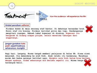 12

SCRIPT WRITING

hindari penulisan editorial
Firdaus duduk di meja seorang staf kantor. Di dekatnya tersandar kruk.
Kursi staf itu kosong. Firdaus terlihat polos dan lugu. Pandangannya
mengitari ruangan. Sebuah label koperasi di dinding. Koperasi itu
bergerak di bidang simpan pinjam, selain menerima tabungan dari
anggotanya.
jangan gunakan kata
pasif, seperti baiknya,
seharusnya, mungkin
Pagi hari. Lengang. Nurma tengah memberi pelajaran di kelas 8B. Siswa siswi
menyimak. Dia memandang ke arah Dodi. Anak lelaki itu termenung. Wajahnya
muram dan kedua matanya terlihat sayu. Mungkin saja Dodi belum bisa bertemu
dengan ayahnya. Tidak seharusnya dia berlaku seperti itu. Nurma hanya
tersenyum kecil.

 