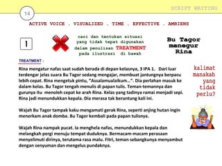 SCRIPT WRITING

14

ACTIVE VOICE . VISUALIZED . TIME . EFFECTIVE . AMBIENS
cari dan tentukan situasi
yang tidak tepat digunakan
dalam penulisan TREATMENT
pada ilustrasi di bawah
TREATMENT :

Rina mengatur nafas saat sudah berada di depan kelasnya, 3 IPA 1. Dari luar
terdengar jelas suara Bu Tagor sedang mengajar, membuat jantungnya berpacu
lebih cepat. Rina mengetuk pintu, ”Assalamualaikum…”. Dia perlahan masuk ke
dalam kelas. Bu Tagor tengah menulis di papan tulis. Teman-temannya dan
gurunya itu menoleh cepat ke arah Rina. Kelas yang tadinya ramai menjadi sepi.
Rina jadi menundukkan kepala. Dia merasa tak beruntung kali ini.
Wajah Bu Tagor tampak kaku mengamati gerak Rina, seperti anjing hutan ingin
menerkam anak domba. Bu Tagor kembali pada papan tulisnya.
Wajah Rina nampak pucat. Ia menghela nafas, menundukkan kepala dan
melangkah pergi menuju tempat duduknya. Bermacam-macam perasaan
menyelimuti dirinya, terutama rasa malu. Fitri, teman sebangkunya menyambut
dengan senyuman dan mengelus pundaknya.

 