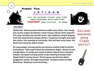 SCRIPT WRITING

18

L.A.T.I.H.A.N
cari dan tentukan situasi yang tidak
tepat digunakan dalam penulisan
TREATMENT pada ilustrasi di bawah
TREATMENT :

Malam hari. Bulan purnama diselimuti sedikit awan hitam. Dua remaja
pria seumur tergesa di halaman rumah menuju sebuah motor terparkir.
Pria yang memakai topi menaiki motor, tapi wajahnya tampak bingung.
Pasti ada yang tak beres dengan dirinya. Tangannya merogoh saku jaket
dan celana. Lalu menatap ke arah bulan. Bisa jadi akan turun hujan. Dia
berlari dan masuk ke dalam rumah.
Di ruang tengah, seorang wanita tua terheran melihat lelaki itu berlari
meliwatinya. Tidak seperti biasa dia berkelakuan begitu. Wanita itu pun
mengikutinya. Si remaja pria masuk ke dalam sebuah kamar berpintu
terbuka. Dia dapati seorang wanita muda terbaring di tempat tidur.
Wajah lelaki itu lantas berseri. Dia berupaya meraih kunci dalam
genggaman wanita. Dia kaget terperanjat. Ternyata wanita itu tidak
dikenalnya. Wajahnya seram bertaring...

 