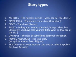 Story types ACHILLES – The flawless person – well, nearly (Toy Story 3) CINDERELLA – The dream comes true (Inception) CIRCE – The chase (Avatar) FAUST – Selling your soul to the devil, brings riches, but ultimately, you have sold yourself (Star Wars 3: Revenge of the Sith) ORPHEUS – The loss of something personal (Inception) ROMEO AND JULIET - The love story (Inception, Avatar, Scott Pilgrim) TRISTAN – Man loves woman...but one or other is spoken for (Love Actually) 