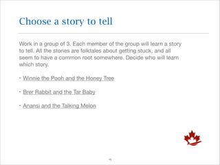 Choose a story to tell
Work in a group of 3. Each member of the group will learn a story
to tell. All the stories are folktales about getting stuck, and all
seem to have a common root somewhere. Decide who will learn
which story. 

‣ Winnie the Pooh and the Honey Tree

‣ Brer Rabbit and the Tar Baby

‣ Anansi and the Talking Melon

!15

 