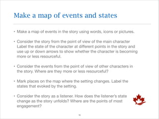 Make a map of events and states
• Make a map of events in the story using words, icons or pictures.

• Consider the story from the point of view of the main character
Label the state of the character at diﬀerent points in the story and
use up or down arrows to show whether the character is becoming
more or less resourceful.

• Consider the events from the point of view of other characters in
the story. Where are they more or less resourceful?

• Mark places on the map where the setting changes. Label the
states that evoked by the setting.

• Consider the story as a listener. How does the listener’s state
change as the story unfolds? Where are the points of most
engagement?
!16

 