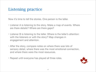 Listening practice
Now it’s time to tell the stories. One person is the teller.

‣ Listener A is listening to the story. Make a map of events. Where
are there details? Where are there gaps?

‣ Listener B is listening to the teller. Where is the teller’s attention:
with the listeners or with the story? Map changes in
engagement and attention.

‣ After the story, compare notes on where there was lots of
sensory detail, where there was the most emotional connection,
and where there were the most resources.

‣ Repeat until everyone has played all three roles.

!17

 