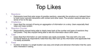 Top Likes
1. Reactions
• Participants loved that wide range of possible reactions, especially the emotions as it allowed them
to have more nuanced interactions with content and other users. The emotion reactions also lent a
sense of fun to the app.
2. Chatterbox
• Users liked the concept of having an aggregation of information on a story. Users especially liked
video and news content.
3. Reaction Counter
• Respondents enjoyed being able to clearly keep track of the number and types of reactions they
had posted. They also enjoyed being able to see this information about other users.
4. Cast
• Users liked that information on cast member was easily accessible. This was both a fun and
functional feature as respondents noted that they often look up this information and appreciate that
it is easily accessible.
5. Feed
• Curation of stories in a single location was easy and simple and delivered information that the users
were interested in seeing.
 