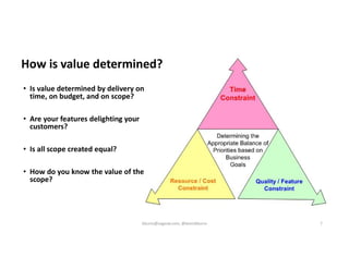 How is value determined?
• Is value determined by delivery on
time, on budget, and on scope?
• Are your features delighting your
customers?
• Is all scope created equal?
• How do you know the value of the
scope?
kburns@sagesw.com, @kevinbburns 7
 