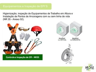 Equipamentos e Inspeção de EPI´S
Higienização, inspeção de Equipamentos de Trabalho em Altura e
Instalação de Pontos de Ancoragens com ou sem linha de vida
(NR 35 - Anexo 02).
 