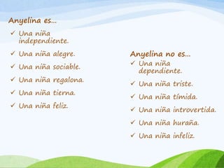 Anyelina es… 
 Una niña 
independiente. 
 Una niña alegre. 
 Una niña sociable. 
 Una niña regalona. 
 Una niña tierna. 
 Una niña feliz. 
Anyelina no es… 
 Una niña 
dependiente. 
 Una niña triste. 
 Una niña tímida. 
 Una niña introvertida. 
 Una niña huraña. 
 Una niña infeliz. 
 