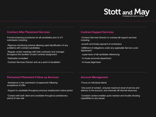 Contract After Placement Services                                    Contract Support Services

Formal screening procedures for all candidates prior to CV           •Contract Services Director to oversee all support services
submission including:                                                including :
                                                                     -smooth and timely payment of contractors
•Rigorous monitoring scheme allowing rapid identification of any
problems with contract candidates                                    -fulfillment of obligations under any applicable Service Level
                                                                     Agreement;
•Regular review meetings with both contractor and manager
throughout the duration of each contract assignment                  - supervision of all candidate referencing
•Dedicated consultant                                                • In house accounts department
•Contract Services Director acts as a point of escalation            • In house legal team




Permanent Placement Follow up Services                               Account Management
•Assistance in the submission of paperwork following                 •Focus on individual clients
acceptance of offer
                                                                     •One point of contact ; ensures maximum level of service and
•Support to candidate throughout previous employment notice period   delivery to the account, and channels all internal resources

•Contact with both client and candidate throughout probationary      •Constant contact enables quick reaction and trouble shooting
period of new role                                                   capabilities to any issues
 