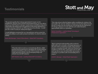 Testimonials


“The greatest quality that I always appreciated in Louise was her              “Tim truly strives to find the highest calibre candidates for whatever the
steadfastness. Because of her tenacity and persistent focus, we were able to   role maybe. His "can-do" attitude is vital for sourcing the right person for
scale up our SAP Practice in Europe. Louise’s focus on building a long-term    the job no matter how the markets are, he'll always get the right person.
relationship with Infosys paid rich dividends in they being appointed as a     It's always a pleasure to work with Tim as he makes himself so
strategic sourcing vendor for our ERP programs across Europe - I would         approachable which is so refreshing.”
give due credit to Louise for making this happen.
                                                                               Senior Consultant – Leading Global Technology &
I would definitely recommend her as a top performer and as a great hire        Infrastructure organisation
having the ability to work under pressure and deliver in a diverse cultural
setting.”

Senior Bid Manager / Head of Recruitment – Global SAP Consultancy



                                                                               “Ryan’s technical understanding of the market he
                                                                               deals with is, for a recruiter, extremely impressive, to
                                                                               the point where I sometimes wonder why he doesn’t
            “I'll surely endorse Louise as a tremendously effective, skilful   become a consultant himself. Aside from this fact he is
            and fast paced professional in identifying the market/industry     excellent at what he does, a great guy to get on with
            demand and picking up the proper talent at proper time. I'm        and I see him as more of a friend than my recruiter. I
            really impressed with her way of managing things and               would have no problem with recommending him to
            attitude towards ERP industry”                                     anyone.”

            SAP Practice Lead – Leading Global SAP Consultancy                 ODI/ETL Manager – Global Retail Organisation
 