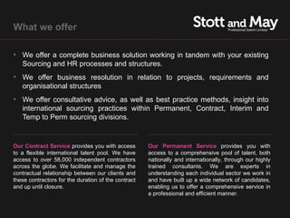 What we offer

• We offer a complete business solution working in tandem with your existing
  Sourcing and HR processes and structures.
• We offer business resolution in relation to projects, requirements and
  organisational structures
• We offer consultative advice, as well as best practice methods, insight into
  international sourcing practices within Permanent, Contract, Interim and
  Temp to Perm sourcing divisions.


Our Contract Service provides you with access        Our Permanent Service provides you with
to a flexible international talent pool. We have     access to a comprehensive pool of talent, both
access to over 58,000 independent contractors        nationally and internationally, through our highly
across the globe. We facilitate and manage the       trained consultants. We are experts in
contractual relationship between our clients and     understanding each individual sector we work in
these contractors for the duration of the contract   and have built up a wide network of candidates,
and up until closure.                                enabling us to offer a comprehensive service in
                                                     a professional and efficient manner.
 