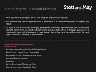 Stott & May Value Added Services

• Over 250,000 live candidates on our own database and unrivalled networks

• Our core services can be deployed either in isolation or in a combination to reach the desired end
  result.

• All Stott & May Consultants are highly experienced within their particular field, thus enabling the
  client to benefit from an urgent and professional service, starting from a thorough qualification of
  your needs, either on the telephone, or more typically face to face, where we will advise on the most
  appropriate action and work to it accordingly.




These Value Added Services cover the
following areas:
• Candidate Network Contacts/Referrals/Database Search
• Master Vendor / Neutral Vendor / Sole Supplier
• Exclusive partnership / Retained executive search
• Campaign Sourcing Methods
• Advertising
• Service & Information Offerings and Tests
• Post placement care – Candidate & Client
 