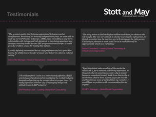 Testimonials


“The greatest quality that I always appreciated in Louise was her              “Tim truly strives to find the highest calibre candidates for whatever the
steadfastness. Because of her tenacity and persistent focus, we were able to   role maybe. His "can-do" attitude is vital for sourcing the right person for
scale up our SAP Practice in Europe. ARM's focus on building a long-term       the job no matter how the markets are, he'll always get the right person.
relationship with Infosys paid rich dividends in they being appointed as a     It's always a pleasure to work with Tim as he makes himself so
strategic sourcing vendor for our ERP programs across Europe - I would         approachable which is so refreshing.”
give due credit to Louise for making this happen.
                                                                               Senior Consultant – Leading Global Technology &
I would definitely recommend her as a top performer and as a great hire        Infrastructure organisation
having the ability to work under pressure and deliver in a diverse cultural
setting.”

Senior Bid Manager / Head of Recruitment – Global SAP Consultancy



                                                                               “Ryan’s technical understanding of the market he
                                                                               deals with is, for a recruiter, extremely impressive, to
                                                                               the point where I sometimes wonder why he doesn’t
            “I'll surely endorse Louise as a tremendously effective, skilful   become a consultant himself. Aside from this fact he is
            and fast paced professional in identifying the market/industry     excellent at what he does, a great guy to get on with
            demand and picking up the proper talent at proper time. I'm        and I see him as more of a friend than my recruiter. I
            really impressed with her way of managing things and               would have no problem with recommending him to
            attitude towards ERP industry”                                     anyone.”

            SAP Practice Lead – Leading Global SAP Consultancy                 ODI/ETL Manager – Global Retail Organisation
 