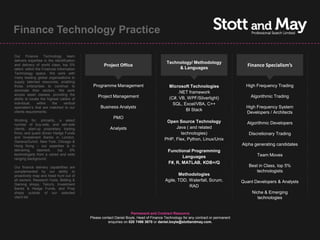 Finance Technology Practice

Our Finance Technology team
delivers expertise in the identification
                                                                                           Technology/ Methodology
and delivery of world class, top 5%                  Project Office
                                                                                                & Languages
                                                                                                                                        Finance Specialism’s
talent, within the Financial Information
Technology space. We work with
many leading global organisations to
supply talented resources, enabling
those enterprises to continue to              Programme Management                          Microsoft Technologies                     High Frequency Trading
dominate their sectors. We work
                                                                                                .NET framework
across asset classes, providing the
                                                 Project Management                         (C#, VB, WPF/Silverlight)                    Algorithmic Trading
ability to locate the highest calibre of
individual,     within   the      vertical                                                    SQL, Excel/VBA, C++
specialism’s that are matched to our               Business Analysts                                                                   High Frequency System
clients requirements.
                                                                                                    BI Stack
                                                                                                                                       Developers / Architects
                                                           PMO
Working for, primarily, a select                                                           Open Source Technology
number of buy-side, and sell-side                                                                                                      Algorithmic Developers
clients, start-up proprietary trading                    Analysts                              Java ( and related
firms, and quant driven Hedge Funds                                                              technologies)                          Discretionary Trading
and Investment Banks in London,
                                                                                          PHP, Flex, Python, Linux/Unix
Geneva/Zurich, New York, Chicago &
Hong Kong – our expertise is in                                                                                                      Alpha generating candidates
delivering     talented,   top    5%                                                        Functional Programming
technologists from a varied and wide                                                                                                        Team Moves
ranging background.                                                                                Languages
                                                                                            F#, R, MATLAB, KDB+/Q
Our finance delivery capabilities are                                                                                                   Best in Class, top 5%
complemented by our ability to                                                                                                             technologists
proactively map and head hunt out of                                                             Methodologies
all sectors; Research Hubs, Betting &                                                     Agile, TDD, Waterfall, Scrum,              Quant Developers & Analysts
Gaming shops, Telco's, Investment
                                                                                                      RAD
Banks & Hedge Funds, and Prop
shops outside of our selected                                                                                                             Niche & Emerging
client list                                                                                                                                  technologies


                                                                      Permanent and Contract Resource
                                             Please contact Daniel Boyle, Head of Finance Technology for any contract or permanent
                                                       enquiries on 020 7496 3670 or daniel.boyle@stottandmay.com.
 