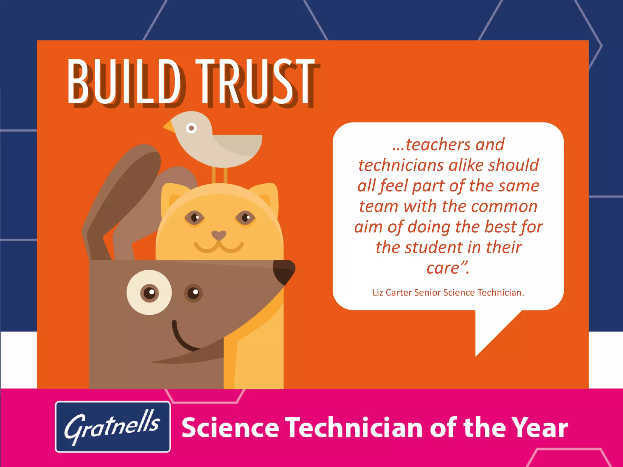 …teachers and
technicians alike should
all feel part of the same
team with the common
aim of doing the best for
the student in their
care”.
Liz Carter Senior Science Technician.
 