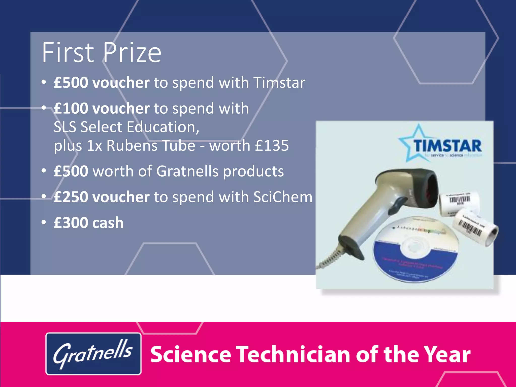Second Prize
• Lab expert Prep Room Stock Database
Starter Pack with Barcode Scanner
from Timstar worth £300
• £100 voucher to spend with SLS
Select Education
• £350 worth of Gratnells products
• £250 cash
 