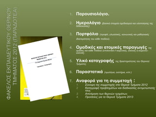 1. Παρουσιολόγιο.
2. Ημερολόγιο (βασικά στοιχεία σχεδιασμού και υλοποίησης της
διδασκαλίας)
3. Πορτφόλιο (προφίλ, γλωσσικές, κοινωνικές και μαθησιακές
ιδιαιτερότητες του κάθε παιδιού).
4. Ομαδικές και ατομικές παραγωγές της
ομάδας και κάθε παιδιού (επιλεκτικά // κειμενικές, εικόνας ή κειμένου-
εικόνας.
5. Υλικό καταγραφής της δραστηριότητας του Θερινού
Τμήματος.
6. Παραστατικά (τιμολόγια, εισιτήρια, κλπ.)
7. Αναφορά για τη συμμετοχή :
1. Σύνοψη της συμμετοχής στα Θερινά Τμήματα 2012
2. Καταγραφή προβλημάτων και διαδικασίας αντιμετώπισής
τους
3. Αποτίμηση των θερινών τμημάτων.
4. Προτάσεις για τα Θερινά Τμήματα 2013
 