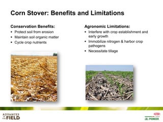Corn Stover: Benefits and Limitations
Conservation Benefits:

Agronomic Limitations:

 Protect soil from erosion
 Maintain soil organic matter
 Cycle crop nutrients

 Interfere with crop establishment and
early growth
 Immobilize nitrogen & harbor crop
pathogens
 Necessitate tillage

 