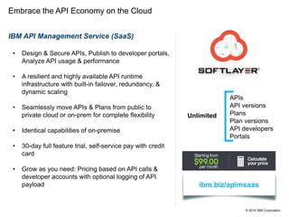 © 2014 IBM Corporation
Embrace the API Economy on the Cloud
IBM API Management Service (SaaS)
• Design & Secure APIs, Publish to developer portals,
Analyze API usage & performance
• A resilient and highly available API runtime
infrastructure with built-in failover, redundancy, &
dynamic scaling
• Seamlessly move APIs & Plans from public to
private cloud or on-prem for complete flexibility
• Identical capabilities of on-premise
• 30-day full feature trial, self-service pay with credit
card
• Grow as you need: Pricing based on API calls &
developer accounts with optional logging of API
payload ibm.biz/apimsaas
Unlimited
APIs
API versions
Plans
Plan versions
API developers
Portals
 
