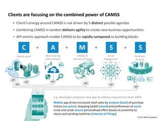 © 2014 IBM Corporation
SaaS
Clients are focusing on the combined power of CAMSS
C A M S S
Hybrid cloud Real-time big
data analytics
Social
Engagement
Perimeter
Security
Mobile &
Internet of Things
• Client’s energy around CAMSS is not driven by 5 distinct parallel agendas
• Combining CAMSS in tandem delivers agility to create new business opportunities
• API-centric approach enable CAMSS to be rapidly composed as building blocks
+ + + +
API
API API
API
API
API
e.g. Developer composes new app to address requirement from CMO
Mobile app drives increased retail sales by analysis (SaaS) of purchase
history (on prem), shopping basket (cloud) and preferences of social
circle and sends secure personalised offers based on proximity to
stores and vending machines (Internet of Things)
API
 