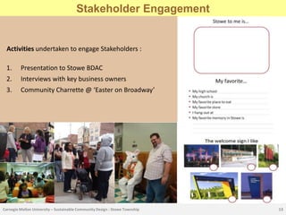 Stakeholder Engagement


  Activities undertaken to engage Stakeholders :

 1.      Presentation to Stowe BDAC
 2.      Interviews with key business owners
 3.      Community Charrette @ ‘Easter on Broadway’




Carnegie Mellon University – Sustainable Community Design : Stowe Township   13
 