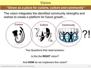 Vision
         “Stowe as a place for cuisine, culture and community”
     The vision integrates the identified community strengths and
     wishes to create a platform for future growth…

                       Cuisine                              Culture            Community




                                                                                           ?!
                                          Two Questions that need answers:

                                                   Is this the RIGHT vision?

                                     And HOW do we implement this vision?
Carnegie Mellon University – Sustainable Community Design                                   17
 