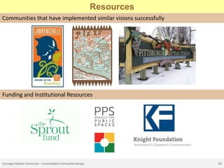 Resources
Communities that have implemented similar visions successfully




Funding and Institutional Resources




Carnegie Mellon University – Sustainable Community Design               29
 