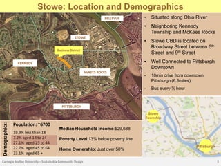 Location and Demographics
         Stowe: Location and Demographics
                                                                      BELLEVUE   •   Situated along Ohio River
                                                                                 •   Neighboring Kennedy
                                                                                     Township and McKees Rocks
                                                   STOWE
                                                                                 •   Stowe CBD is located on
                                                                                     Broadway Street between 5th
                                      Business District
                                                                                     Street and 9th Street

                  KENNEDY                                                        •   Well Connected to Pittsburgh
                                                                                     Downtown
                                                            McKEES ROCKS
                                                                                 -   10min drive from downtown
                                                                                     Pittsburgh (6.8miles)
                                                                                 -   Bus every ½ hour



                                          PITTSBURGH
                                                                                  Stowe
                                                                                 Township
Demographics:




                Population: ~6700
                                        Median Household Income:$29,688
                19.9% less than 18
                7.2% aged 18 to 24      Poverty Level:13% below poverty line
                27.1% aged 25 to 44
                22.7% aged 45 to 64                                                                       Pittsburgh
                                        Home Ownership: Just over 50%
                23.1% aged 65 +
Carnegie Mellon University – Sustainable Community Design                                                              3
 