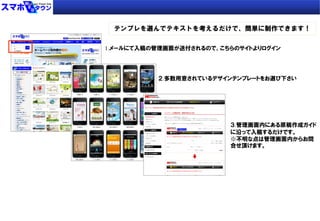 テンプレを選んでテキストを考えるだけで、簡単に制作できます！
1.メールにて入稿の管理画面が送付されるので、こちらのサイトよりログイン
２.多数用意されているデザインテンプレートをお選び下さい
３.管理画面内にある原稿作成ガイド
に沿って入稿するだけです。
※不明な点は管理画面内からお問
合せ頂けます。
 