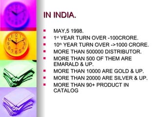 IN INDIA. MAY,5 1998. 1 st  YEAR TURN OVER -100CRORE. 10 th  YEAR TURN OVER ->1000 CRORE. MORE THAN 500000 DISTRIBUTOR. MORE THAN 500 OF THEM ARE EMARALD & UP. MORE THAN 10000 ARE GOLD & UP. MORE THAN 20000 ARE SILVER & UP. MORE THAN 90+ PRODUCT IN CATALOG  