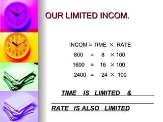 OUR LIMITED INCOM. INCOM = TIME     RATE 800  =  8    100 1600  =  16    100 2400  =  24     100 TIME  IS  LIMITED  &  RATE  IS ALSO  LIMITED 