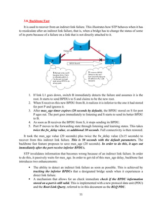 11
3.8. Backbone Fast
It is used to recover from an indirect link failure. This illustrates how STP behaves when it has
to recalculate after an indirect link failure, that is, when a bridge has to change the status of some
of its ports because of a failure on a link that is not directly attached to it.
1. If link L1 goes down, switch B immediately detects the failure and assumes it is the
root. It starts to send BPDUs to S and claims to be the new root.
2. When S receives this new BPDU from B, it realizes it is inferior to the one it had stored
for port P and ignores it.
3. After max_age timer expires (20 seconds by default), the BPDU stored on S for port
P ages out. The port goes immediately to listening and S starts to send its better BPDU
to B.
4. As soon as B receives the BPDU from S, it stops sending its BPDU.
5. Port P moves to the forwarding state through listening and learning states. This takes
twice the fw_delay value, an additional 30 seconds. Full connectivity is then restored.
It took the max_age value (20 seconds) plus twice the fw_delay value (2x15 seconds) to
recover from this indirect link failure. This is 50 seconds with the default parameters. The
backbone fast feature proposes to save max_age (20 seconds). In order to do this, it ages out
immediately after the port receive inferior BPDUs.
STP invalidates information that becomes wrong because of an indirect link failure. In order
to do this, it passively waits for max_age. In order to get rid of this max_age delay, backbone fast
introduces two enhancements:
▪ The ability to detect an indirect link failure as soon as possible. This is achieved by
tracking the inferior BPDUs that a designated bridge sends when it experiences a
direct link failure.
▪ A mechanism that allows for an check immediate check if the BPDU information
stored on a port is still valid. This is implemented with a new protocol data unit (PDU)
and the Root Link Query, referred to in this document as the RLQ PDU.
 