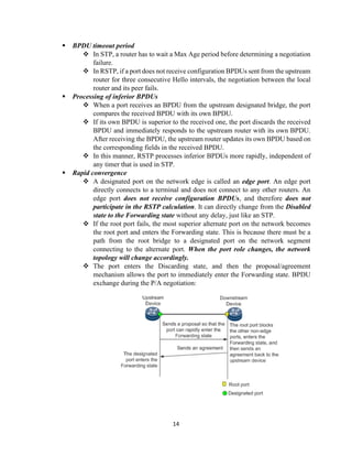 14
▪ BPDU timeout period
❖ In STP, a router has to wait a Max Age period before determining a negotiation
failure.
❖ In RSTP, if a port does not receive configuration BPDUs sent from the upstream
router for three consecutive Hello intervals, the negotiation between the local
router and its peer fails.
▪ Processing of inferior BPDUs
❖ When a port receives an BPDU from the upstream designated bridge, the port
compares the received BPDU with its own BPDU.
❖ If its own BPDU is superior to the received one, the port discards the received
BPDU and immediately responds to the upstream router with its own BPDU.
After receiving the BPDU, the upstream router updates its own BPDU based on
the corresponding fields in the received BPDU.
❖ In this manner, RSTP processes inferior BPDUs more rapidly, independent of
any timer that is used in STP.
▪ Rapid convergence
❖ A designated port on the network edge is called an edge port. An edge port
directly connects to a terminal and does not connect to any other routers. An
edge port does not receive configuration BPDUs, and therefore does not
participate in the RSTP calculation. It can directly change from the Disabled
state to the Forwarding state without any delay, just like an STP.
❖ If the root port fails, the most superior alternate port on the network becomes
the root port and enters the Forwarding state. This is because there must be a
path from the root bridge to a designated port on the network segment
connecting to the alternate port. When the port role changes, the network
topology will change accordingly.
❖ The port enters the Discarding state, and then the proposal/agreement
mechanism allows the port to immediately enter the Forwarding state. BPDU
exchange during the P/A negotiation:
 