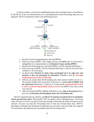 15
As shown in below, a new link is established between the root bridges Device A and Device
B. On Device B, p2 is an alternate port; p3 is a designated port in the Forwarding state; p4 is an
edge port. The P/A mechanism works in the following process:
1. p0 and p1 become designated ports and send BPDUs.
2. After receiving an BPDU with a higher priority, p1 realizes that it will become a
root port but not a designated port, and therefore it stops sending BPDUs.
3. p0 enters the Discarding state, and sends BPDUs with the Proposal field being 1.
4. After receiving an BPDU with the Proposal field being 1, Device B sets the sync
variable to 1 for all its ports.
5. As p2 has been blocked, its status keeps unchanged; p4 is an edge port, and
therefore it does not participate in calculation. Therefore, only the non-edge
designated port p3 needs to be blocked.
6. After p2, p3, and p4 enter the Discarding state, their synced variables are set to 1.
The synced variable of the root port p1 is then set to 1, and p1 sends an BPDU with
the Agreement field being 1 to Device A. Except for the Agreement field, which
is set to 1, and the Proposal field, which is set to 0, the BPDU is the same as that
was received.
7. After receiving this BPDU, Device A identifies it as a reply to the proposal that it
just sent, and therefore p0 immediately enters the Forwarding state.
This P/A negotiation process finishes, and Device B continues to perform the P/A negotiation
with its downstream router. Theoretically, STP can quickly select a designated port. To prevent
loops, STP has to wait for a period of time long enough to determine the status of all ports on the
network. All ports can enter the Forwarding state at least one forward delay later. RSTP is
developed to eliminate this bottleneck by blocking non-root ports to prevent loops. By using the
P/A mechanism, the upstream port can rapidly enter the Forwarding state.
 