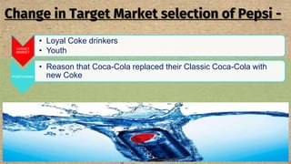 Change in Target Market selection of Pepsi -
TARGET
MARKET
• Loyal Coke drinkers
• Youth
POSITIONING
• Reason that Coca-Cola replaced their Classic Coca-Cola with
new Coke
 