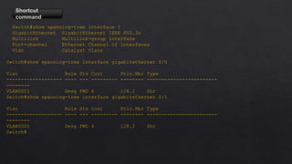 Shortcut
command
Switch#show spanning-tree interface ?
GigabitEthernet GigabitEthernet IEEE 802.3z
Multilink Multilink-group interface
Port-channel Ethernet Channel of interfaces
Vlan Catalyst Vlans
Switch#show spanning-tree interface gigabitethernet 0/0
Vlan Role Sts Cost Prio.Nbr Type
------------------- ---- --- --------- -------- ------------------------
--------
VLAN0001 Desg FWD 4 128.1 Shr
Switch#show spanning-tree interface gigabitethernet 0/1
Vlan Role Sts Cost Prio.Nbr Type
------------------- ---- --- --------- -------- ------------------------
--------
VLAN0001 Desg FWD 4 128.2 Shr
Switch#
 