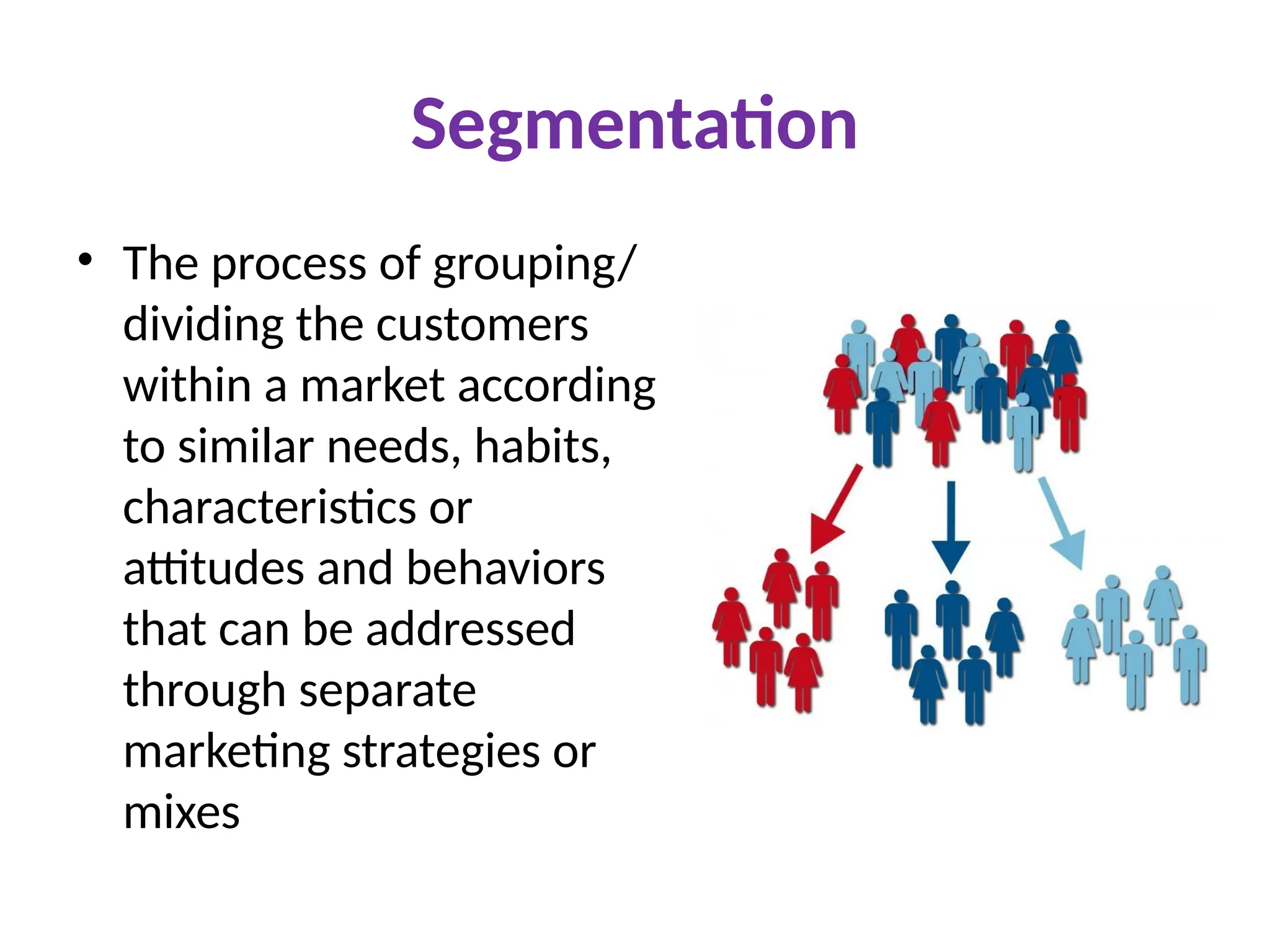 Segmentation
• The process of grouping/
dividing the customers
within a market according
to similar needs, habits,
characteristics or
attitudes and behaviors
that can be addressed
through separate
marketing strategies or
mixes
 