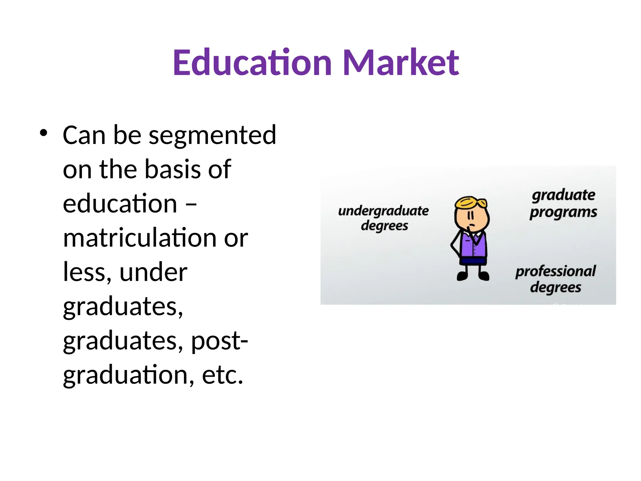 Education Market
• Can be segmented
on the basis of
education –
matriculation or
less, under
graduates,
graduates, post-
graduation, etc.
 