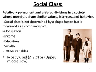 14
Social Class:
Relatively permanent and ordered divisions in a society
whose members share similar values, interests, and behavior.
- Social class is not determined by a single factor, but is
measured as a combination of:
- Occupation
- Income
- Education
- Wealth
- Other variables
• Mostly used (A,B,C) or (Upper,
middle, low)
 