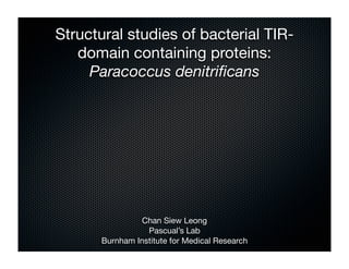Structural studies of bacterial TIR-
   domain containing proteins:
     Paracoccus denitriﬁcans




                Chan Siew Leong
                 Pascual’s Lab
      Burnham Institute for Medical Research
 
