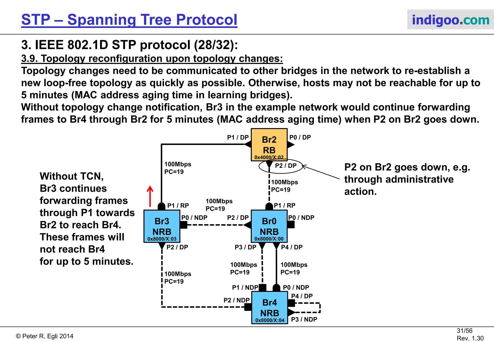 © Peter R. Egli 2015
31/57
Rev. 1.60
STP – Spanning Tree Protocol indigoo.com
3. IEEE 802.1D STP protocol (27/32):
3.6. Determine designated port (DP) of each segment:
Example equal 2 ports on same bridge connected to the same segment:
P3 and P4 on Br4 are connected to the same segment.
The port with the lower port ID, i.e. P3, becomes DP on that segment.
3.7. Place redundant links into backup state:
All ports that are neither RP nor DP are placed into backup state, i.e. are put into
port state Blocking.
STP has now converged to a stable topology (RB is selected, port roles are determined).
3.8. Learning & Forwarding:
RPs and DPs are placed into state Learning and, after the timer ForwardDelay expires, into
the state Forwarding.
The network is now fully operational and starts forwarding frames.
Br4
NRB
0x8000/X:04
P1 / NDP P0 / RP
P4 / NDP
P3 / DP
P3 becomes DP because
it has a lower port ID than P4.
 