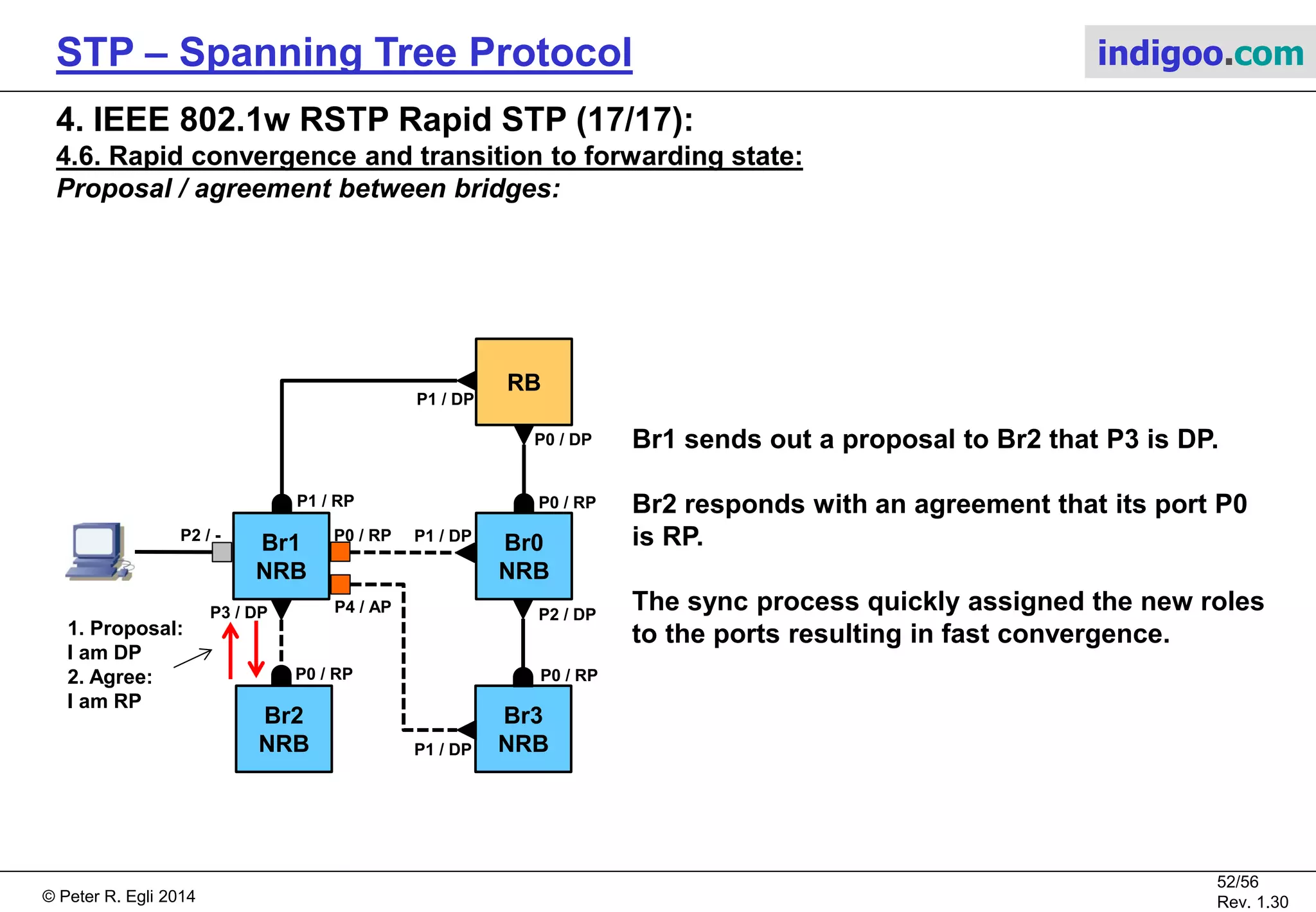 © Peter R. Egli 2015
52/57
Rev. 1.60
STP – Spanning Tree Protocol indigoo.com
4. IEEE 802.1w RSTP Rapid STP (16/17):
4.6. Rapid convergence and transition to forwarding state:
Proposal / agreement between bridges:
In the example below, a new link is added between the RB and Br1.
The RB makes its port P1 DP because all ports on the RB are DP.
RB
Br1
NRB
Br0
NRB
1. Proposal:
I am DP
P1 / DP
P1 / -
P0 / DP
P0 / RP
P0 / RPP2 / -
Br3
NRB
P0 / RP
P1 / DP
P1 / DP
P2 / DP
Br2
NRB
P3 / DP
P0 / RP
P4 / AP
2. Block P3
(DP)
3. Agree:
I am RP
The RB sends a proposal BPDU to the peer bridge.
The peer bridge Br0 accepts the proposal because
it sees that the proposal comes from the RB.
Before sending back an agreement,
Br0 turns P0 from RP to AP (Br1 now has a better
path to the RP through P1) and blocks P3 because
now there may be a loop through P3.
Br1 does not need to block P2 (edge port) and P4
(alternate port) because no loop is possible
through either of these ports.
Both P2 and P4 are said to be in sync.
 