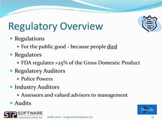 Regulatory Overview
 Regulations
 For the public good - because people died
 Regulators
 FDA regulates >25% of the Gross Domestic Product
 Regulatory Auditors
 Police Powers
 Industry Auditors
 Assessors and valued advisors to management
 Audits
10
Details
Griffin Jones – Congruent Compliance LLC
 