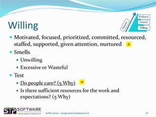 Willing
 Motivated, focused, prioritized, committed, resourced,
staffed, supported, given attention, nurtured
 Smells
 Unwilling
 Excessive or Wasteful
 Test
 Do people care? (5 Why)
 Is there sufficient resources for the work and
expectations? (5 Why)
27Griffin Jones – Congruent Compliance LLC
 