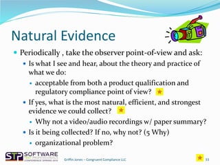 Natural Evidence
 Periodically , take the observer point-of-view and ask:
 Is what I see and hear, about the theory and practice of
what we do:
 acceptable from both a product qualification and
regulatory compliance point of view?
 If yes, what is the most natural, efficient, and strongest
evidence we could collect?
 Why not a video/audio recordings w/ paper summary?
 Is it being collected? If no, why not? (5 Why)
 organizational problem?
33Griffin Jones – Congruent Compliance LLC
 