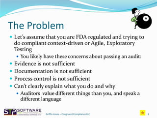 The Problem
 Let’s assume that you are FDA regulated and trying to
do compliant context-driven or Agile, Exploratory
Testing
 You likely have these concerns about passing an audit:
 Evidence is not sufficient
 Documentation is not sufficient
 Process control is not sufficient
 Can’t clearly explain what you do and why
 Auditors value different things than you, and speak a
different language
Griffin Jones – Congruent Compliance LLC 6
 